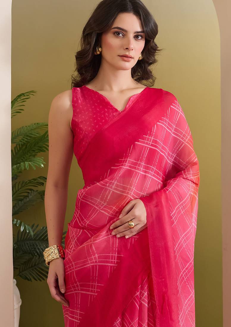 Satin checked print ready to wear saree