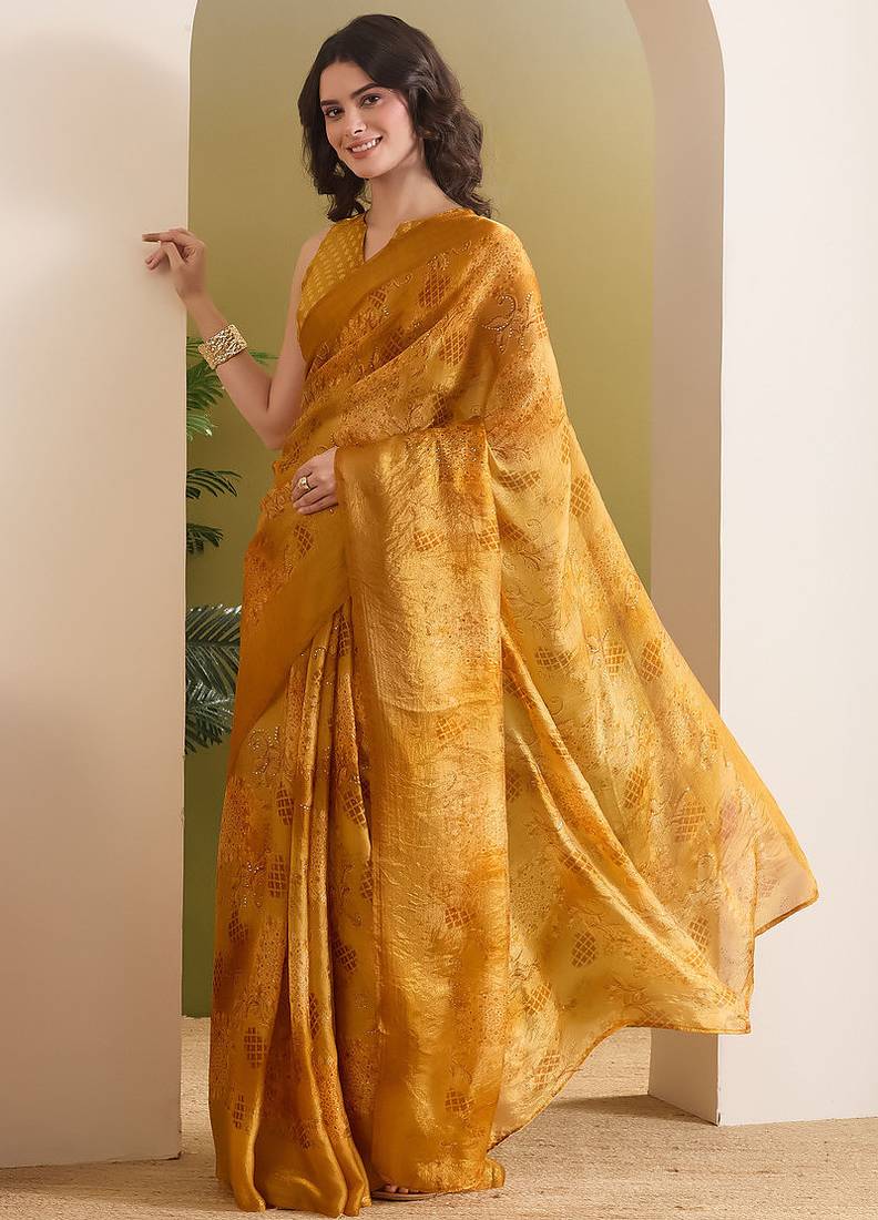 Satin ethnic motifs zari foil ready to wear saree