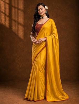 Yellow solid sari bandhani blouse print satin embellished ready to wear saree 1