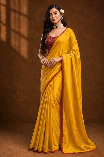 Yellow solid sari bandhani blouse print satin embellished ready to wear saree