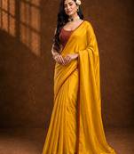 Yellow solid sari bandhani blouse print satin embellished ready to wear saree