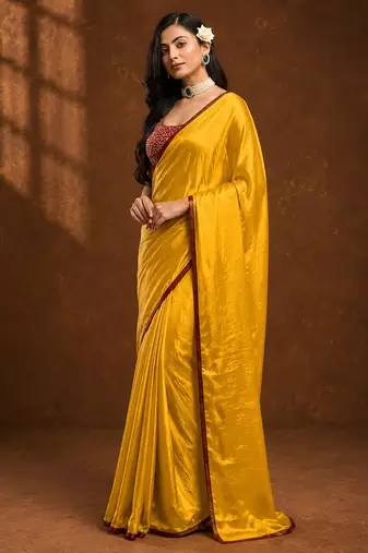 Yellow solid sari bandhani blouse print satin embellished ready to wear saree