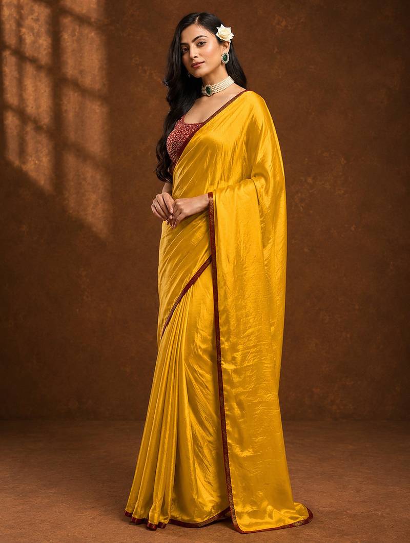 Yellow solid sari bandhani blouse print satin embellished ready to wear saree