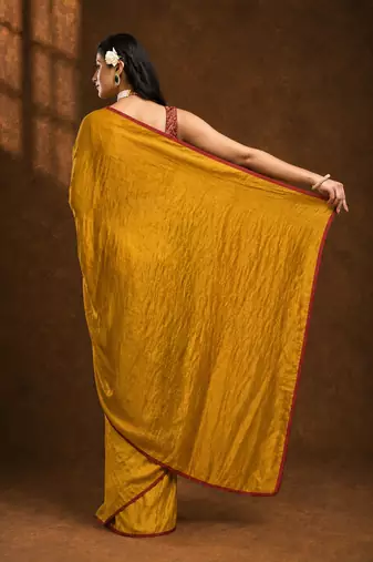 Yellow solid sari bandhani blouse print satin embellished ready to wear saree