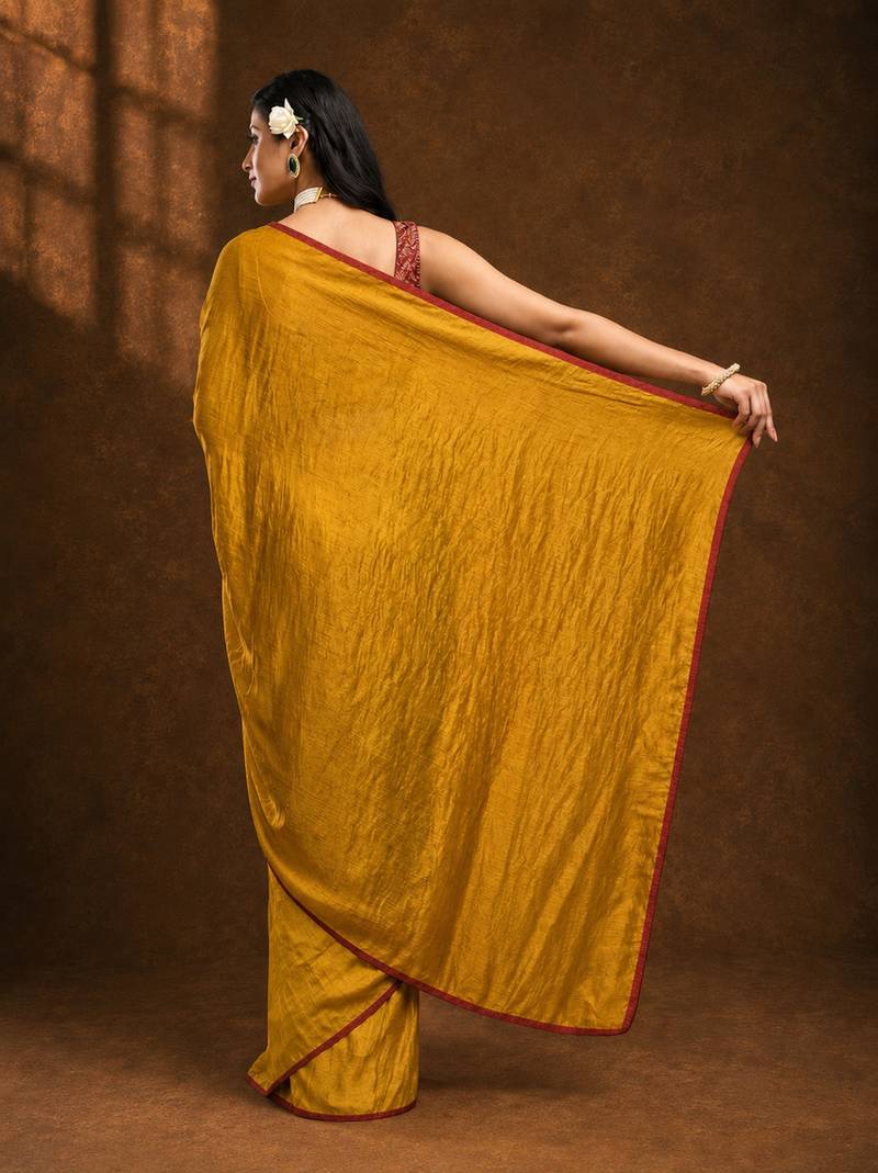 Yellow solid sari bandhani blouse print satin embellished ready to wear saree
