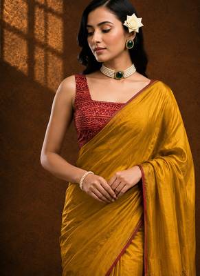 Yellow solid sari bandhani blouse print satin embellished ready to wear saree 4