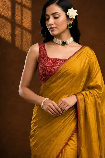 Yellow solid sari bandhani blouse print satin embellished ready to wear saree