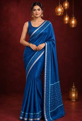 Blue satin printed border ready to wear saree 1