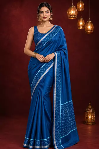 Blue satin printed border ready to wear saree