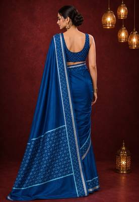 Blue satin printed border ready to wear saree 2