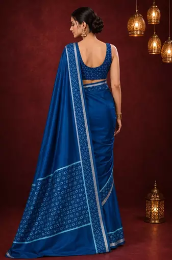 Blue satin printed border ready to wear saree