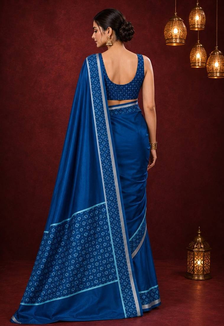 Blue satin printed border ready to wear saree