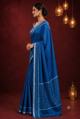 Blue satin printed border ready to wear saree 3