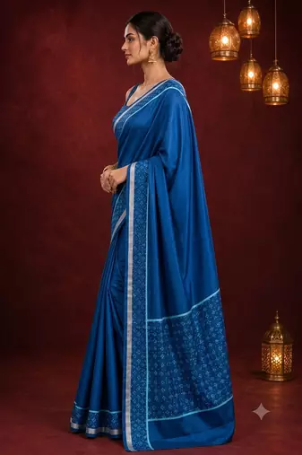 Blue satin printed border ready to wear saree