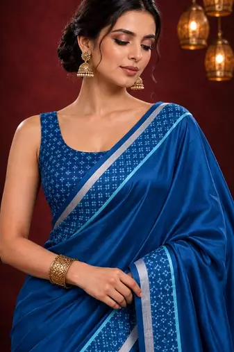 Blue satin printed border ready to wear saree