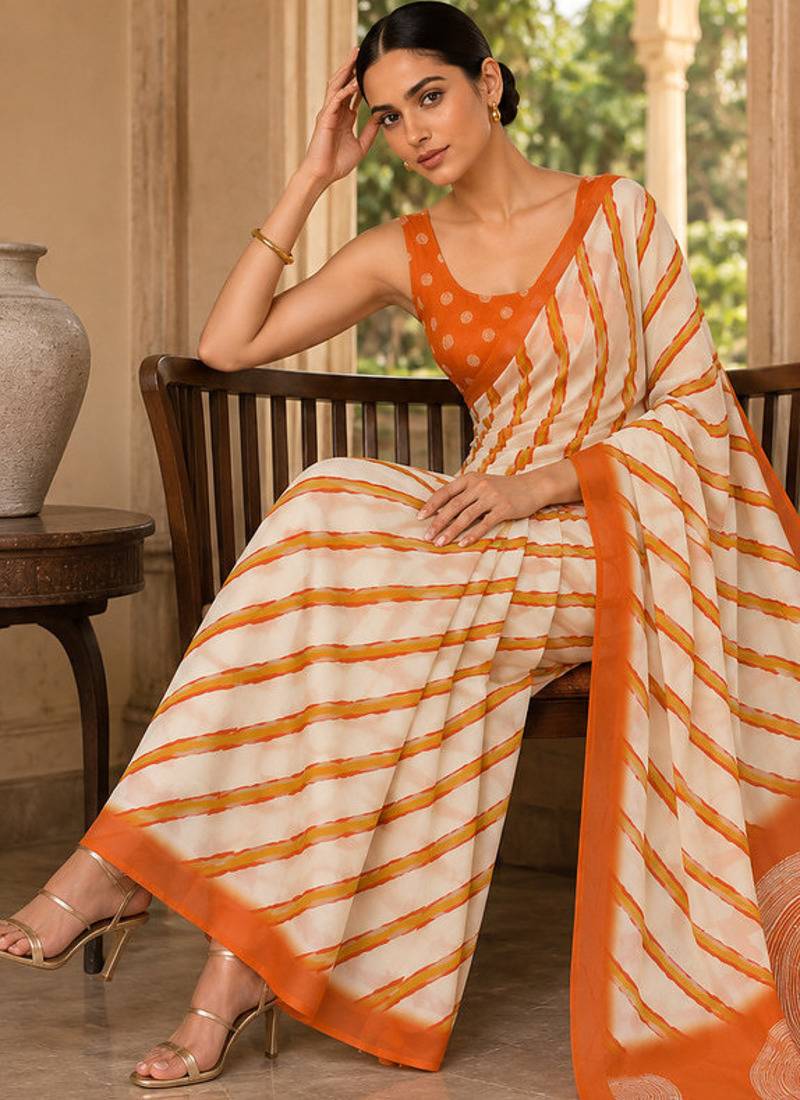 Orange pure georgette leheriya ready to wear saree