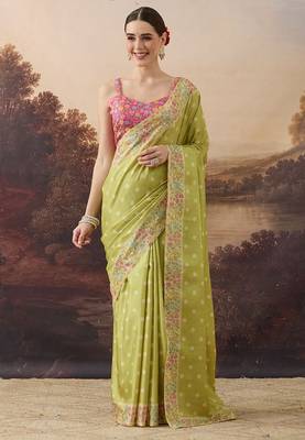 Pure silk polka dot and floral printed aari work pre-draped saree 1