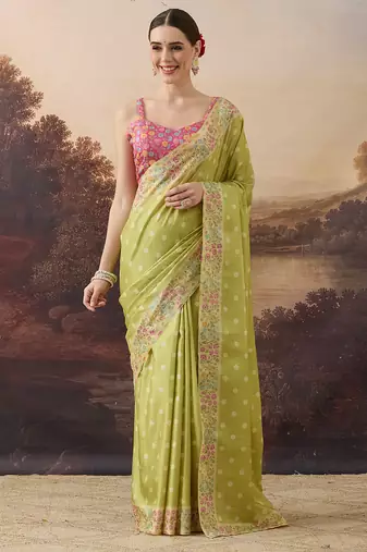 Pure silk polka dot and floral printed aari work pre-draped saree