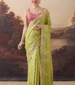 Pure silk polka dot and floral printed aari work pre-draped saree
