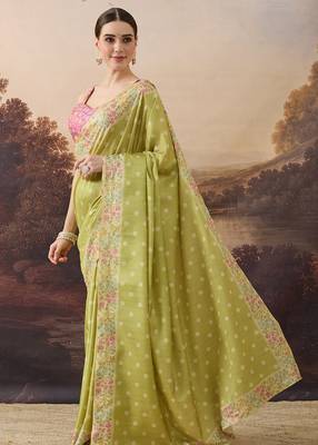 Pure silk polka dot and floral printed aari work pre-draped saree 2