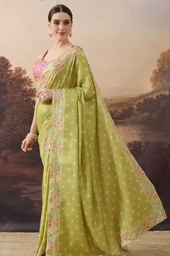 Pure silk polka dot and floral printed aari work pre-draped saree