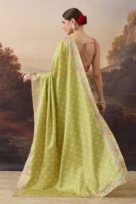 Pure silk polka dot and floral printed aari work pre-draped saree 3