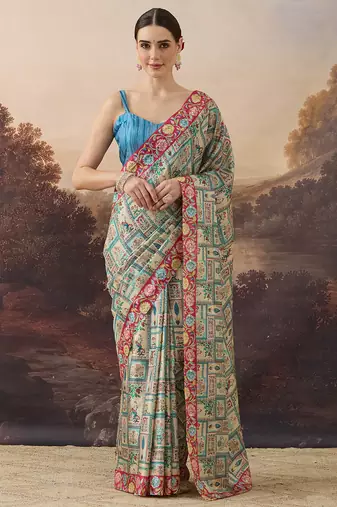 Pure silk kalamkari printed aari work pre-draped saree