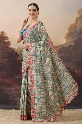 Pure silk kalamkari printed aari work pre-draped saree