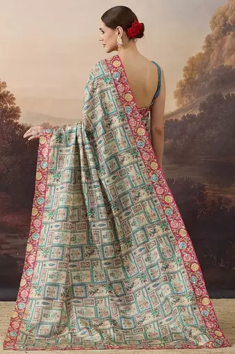 Pure silk kalamkari printed aari work pre-draped saree