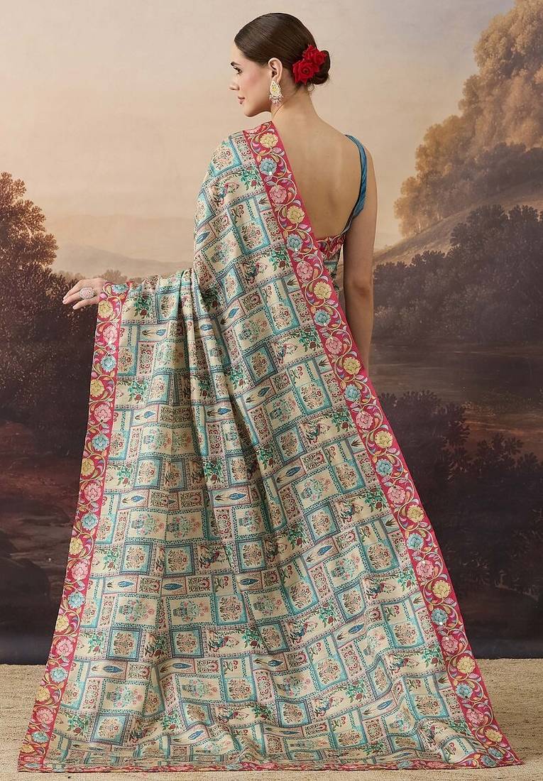 Pure silk kalamkari printed aari work pre-draped saree