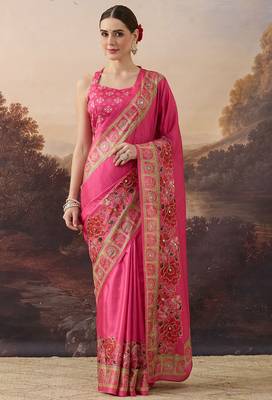 Pure silk floral printed ari work pre-draped saree 1