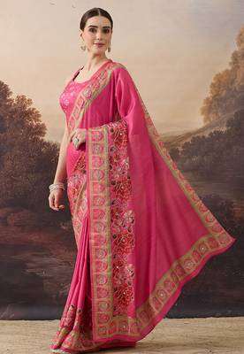 Pure silk floral printed ari work pre-draped saree 2
