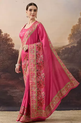 Pure silk floral printed ari work pre-draped saree