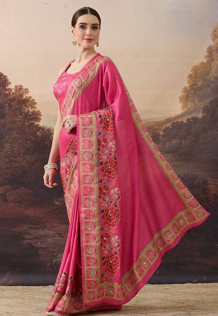 Pure silk floral printed ari work pre-draped saree
