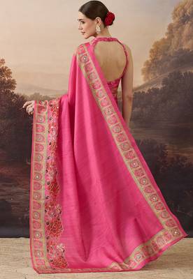 Pure silk floral printed ari work pre-draped saree 3