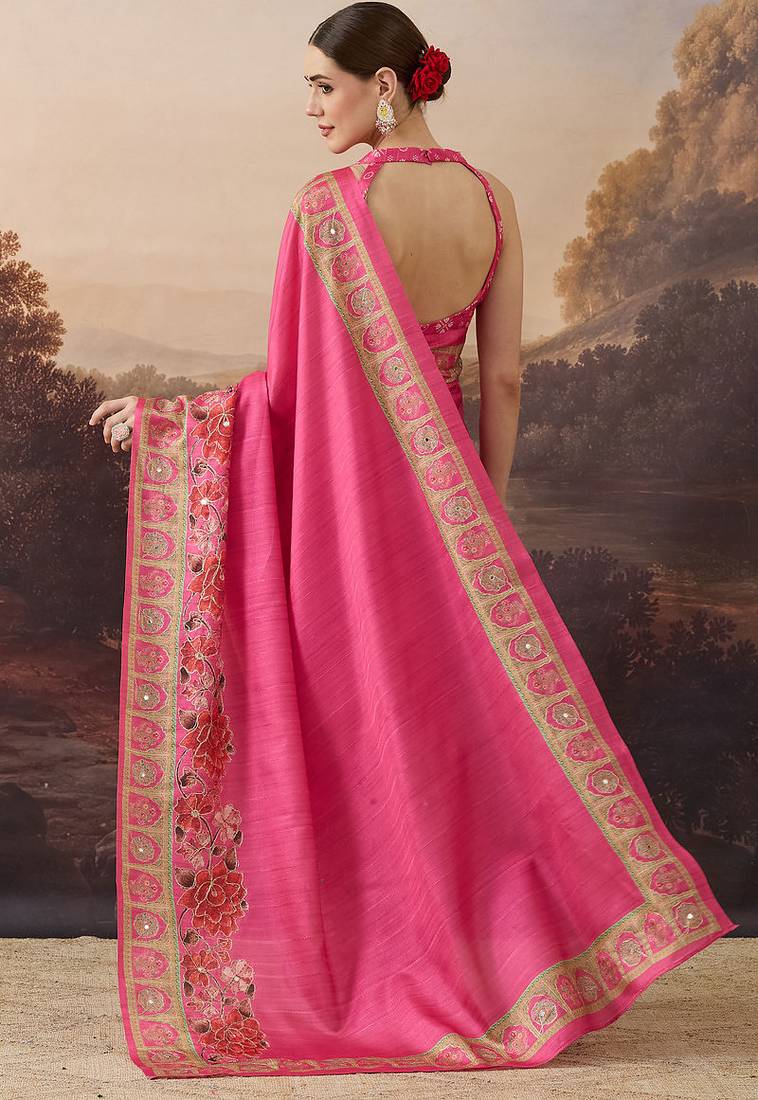 Pure silk floral printed ari work pre-draped saree