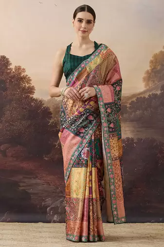Pure silk floral printed aari work pre-draped saree