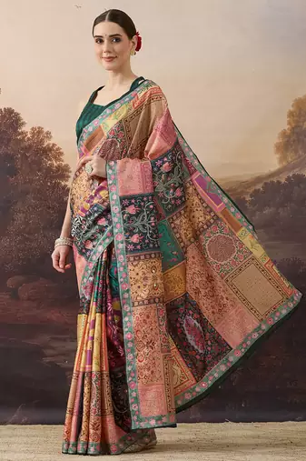 Pure silk floral printed aari work pre-draped saree