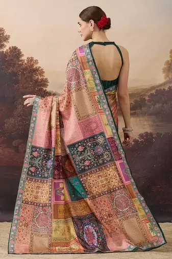 Pure silk floral printed aari work pre-draped saree