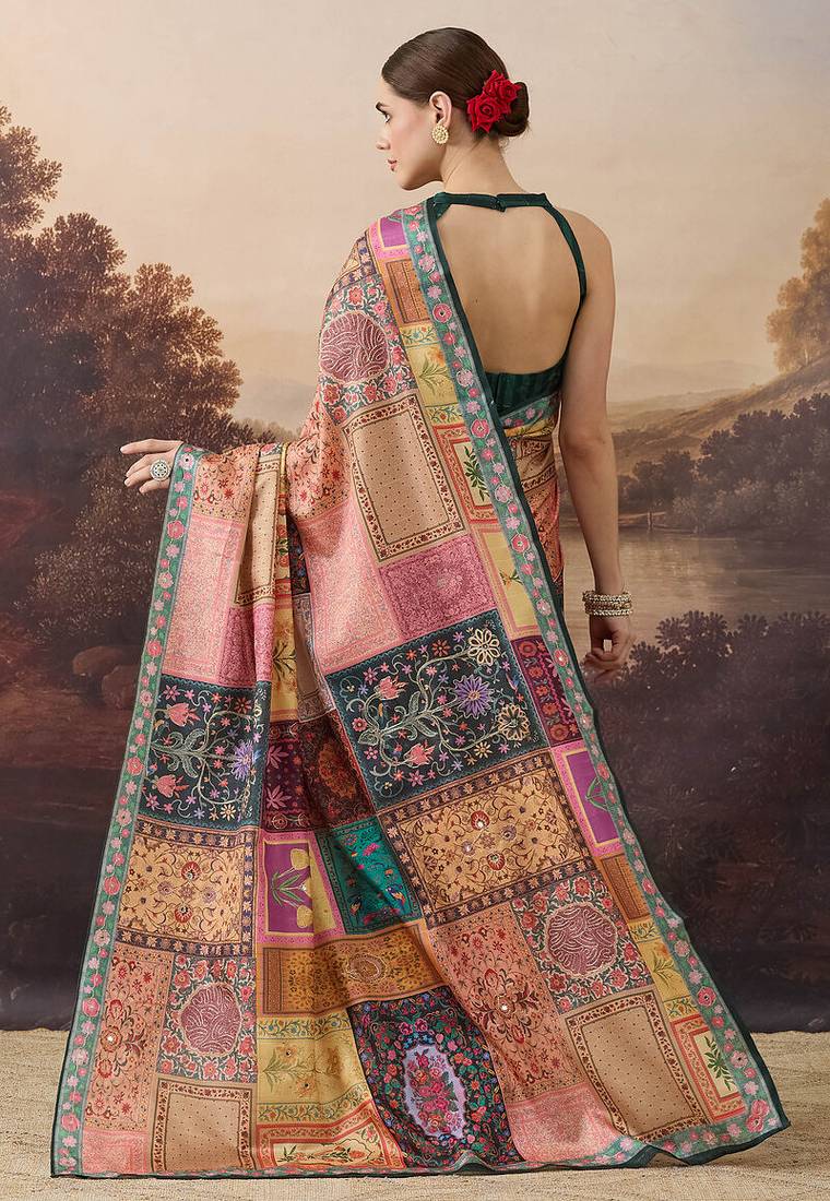 Pure silk floral printed aari work pre-draped saree