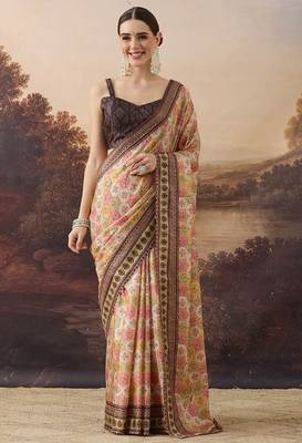 Pure silk geometric floral printed aari work pre-draped saree 1