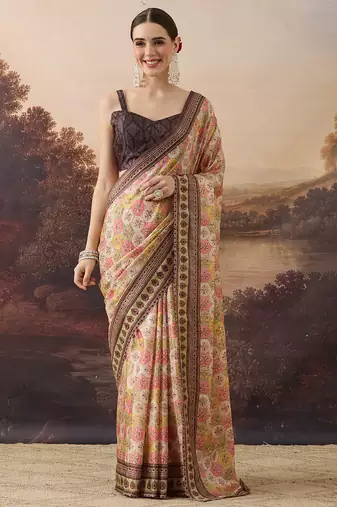 Pure silk geometric floral printed aari work pre-draped saree