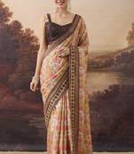 Pure silk geometric floral printed aari work pre-draped saree