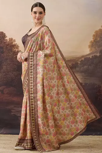 Pure silk geometric floral printed aari work pre-draped saree