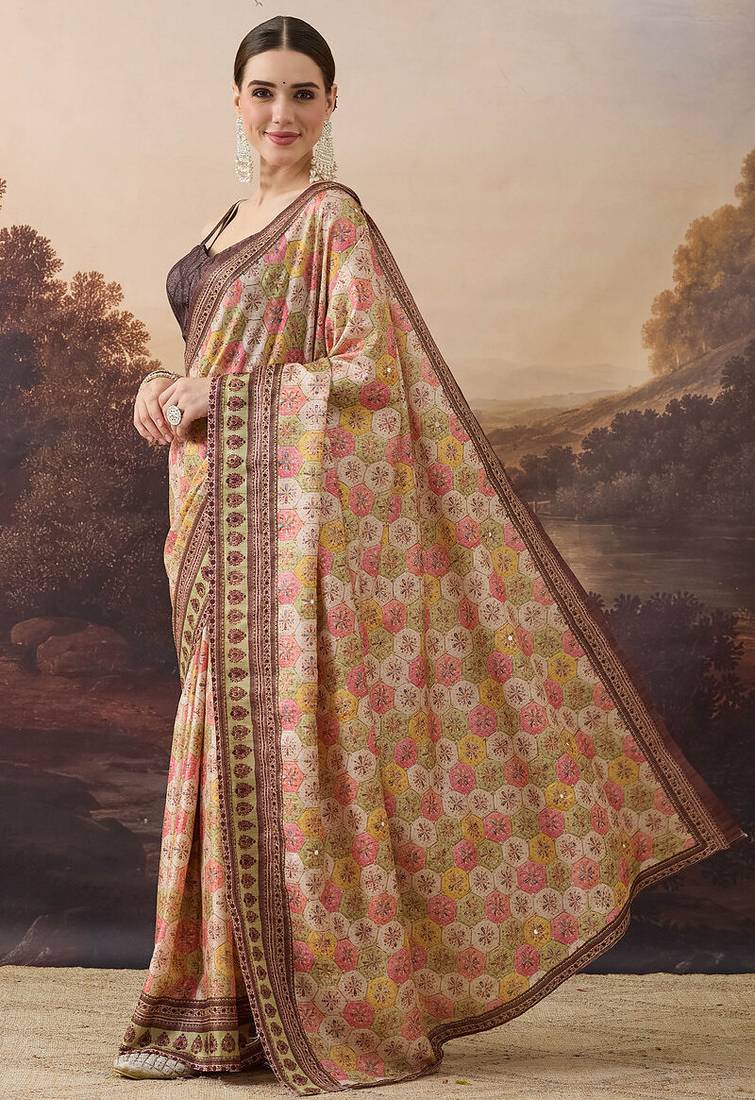 Pure silk geometric floral printed aari work pre-draped saree