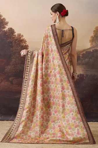 Pure silk geometric floral printed aari work pre-draped saree
