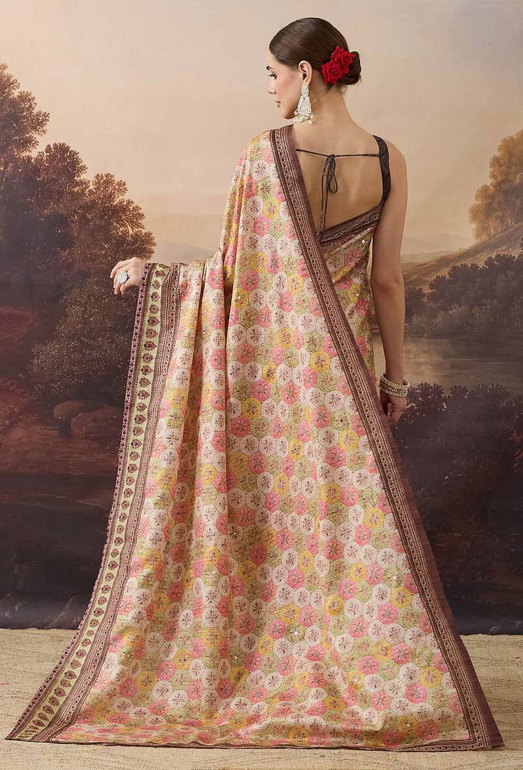 Pure silk geometric floral printed aari work pre-draped saree