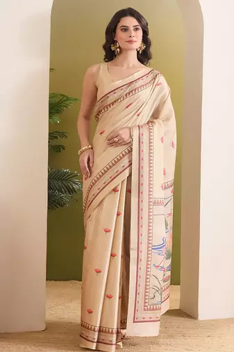 Flamingo & floral printed silk blend ready to wear saree
