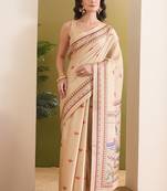 Flamingo & floral printed silk blend ready to wear saree