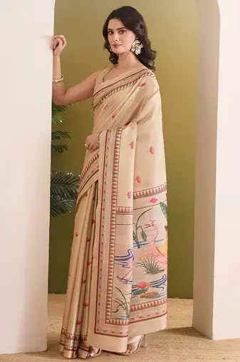 Flamingo & floral printed silk blend ready to wear saree